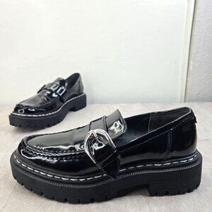 Platform Buckle Loafer 9 Black Patent Preppy Chunky Platform Lug Sole Dress Shoe